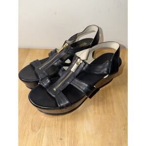 Michael Kors Black Leather Platform Wedge Sandals Zip Front Women’s 8